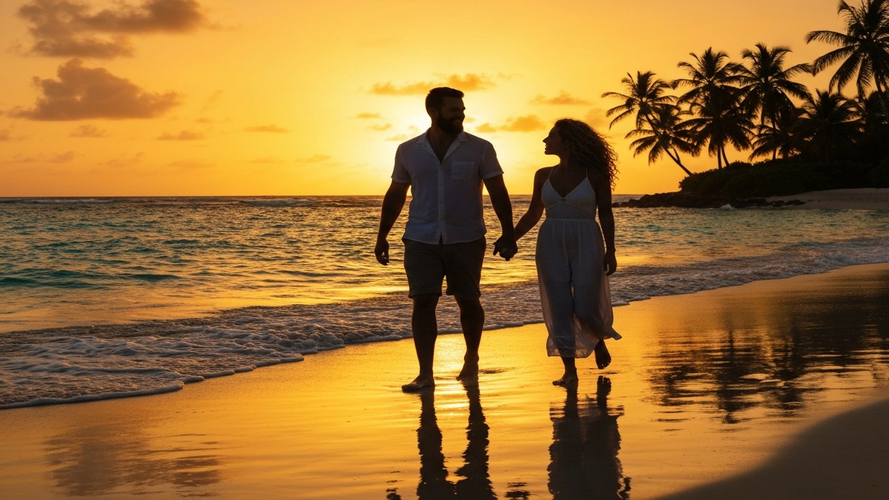 Pareja caminando en playa del Caribe al atardecer, luna de miel