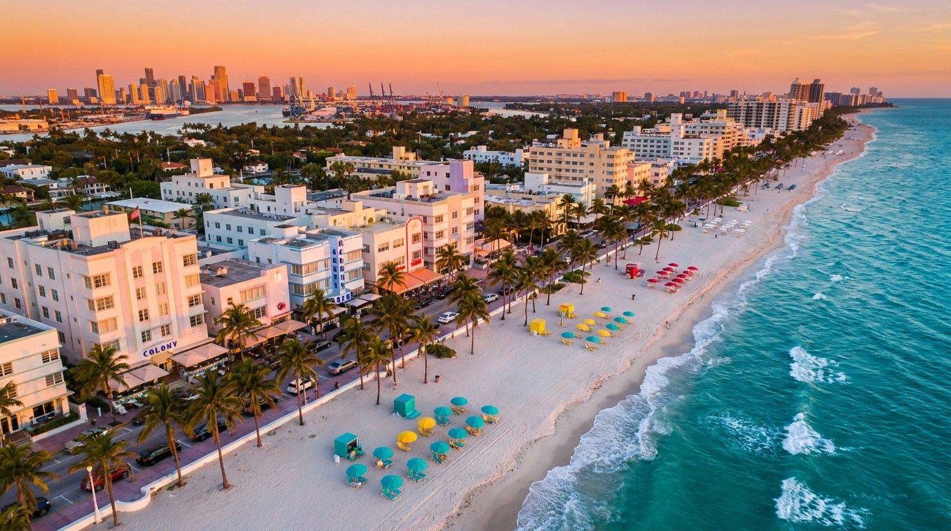 Vista aérea de South Beach Miami al atardecer con el Art Deco District