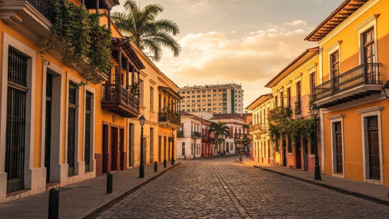 Ciudad colonial venezolana con arquitectura histórica al atardecer