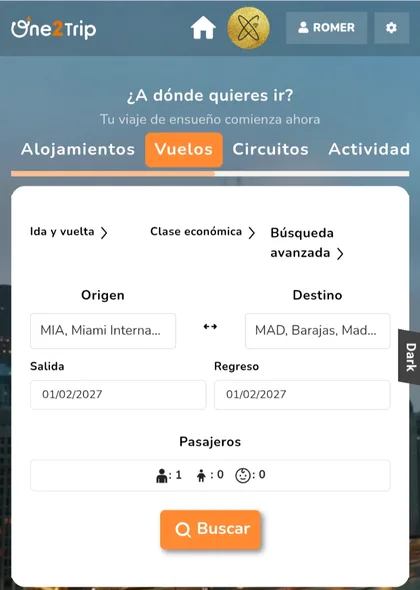 Plataforma One2trip de XploraTrip en el teléfono, con sesión iniciada